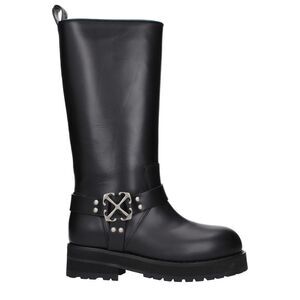 Off-White Black Leather Flat Women's Boots
